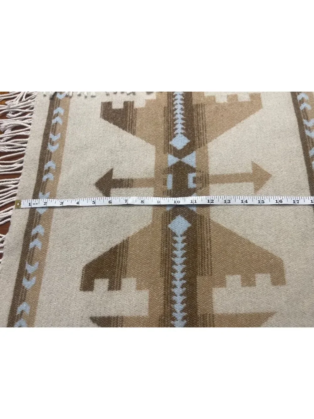 Sackcloth & Ashes Arrow Beige Blanket Throw 70 x 61 Aztec Tan Blue Fringe Italy